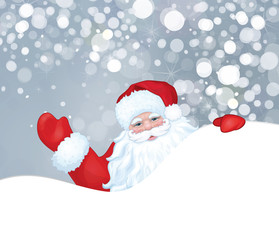 Vector of Santa Claus hiding by blank isolated on snowfall backg