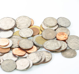 Thailand paper currency and coins isolated over white