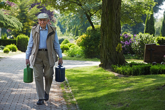 Aged man carries watering cans on a cemetery