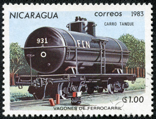 stamp printed in Nicaragua shows Railroad locomotives