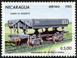 Fototapeta na wymiar Stempel drukowane w Nikaragui pokazuje lokomotywy kolejowe