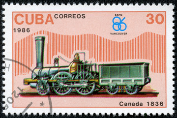 Fototapeta na wymiar stamp printed CUBA, shows Canada Locomotive 1836