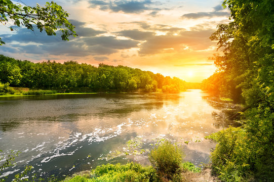 Fototapeta Sunset over the river in the forest