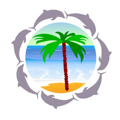 beach paradise with palm and dolphin vector illustration