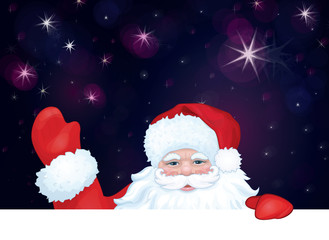 Vector of Santa Claus hiding by blank on sky background.