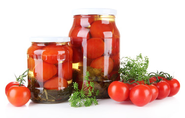 Tasty canned and fresh tomatoes, isolated on white