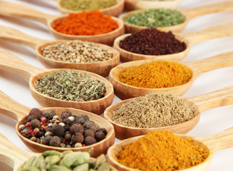 Assortment of spices in wooden spoons