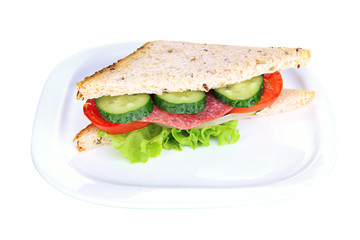 Tasty sandwich with salami sausage and vegetables