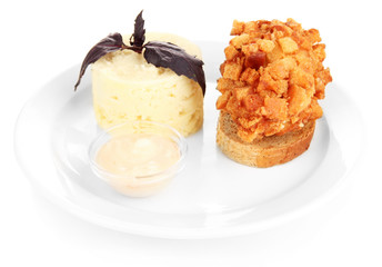 Chicken Kiev  and mashed potatoes on plate, isolated on white