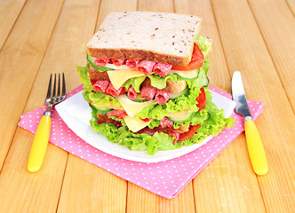 big and tasty sandwich with juice on table on bright background