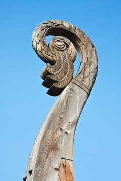 carved bird's head on a boat Viking Drakkar in Vyborg