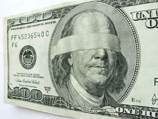 Blindfolded Ben Franklin On Hundred Dollar Bill