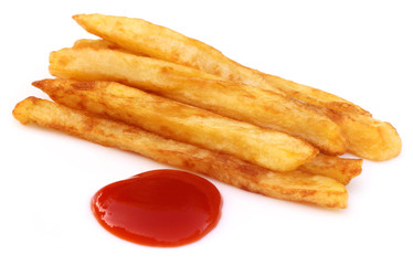 French fry with tomato sauce over white background
