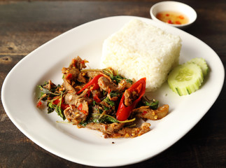 A fresh dish of Thai style food, Fried pork with sweet basi