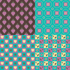 Set of 4 seamless patterns hearts, circles, flowers, leaves