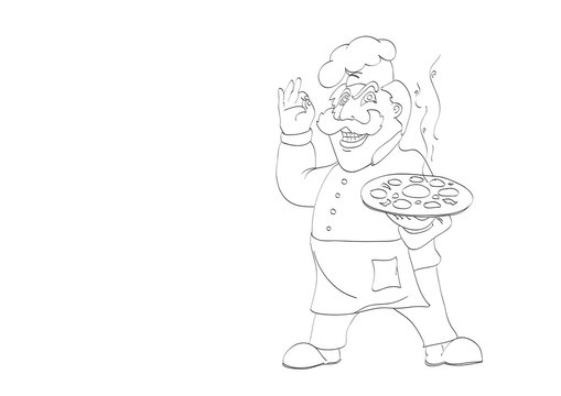 contour of  chef with appetizing hot pizza on isolated white