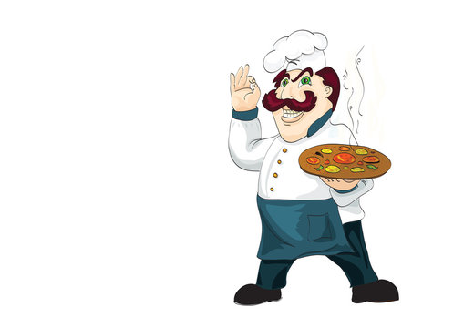 Italian chef with appetizing hot pizza on isolated white