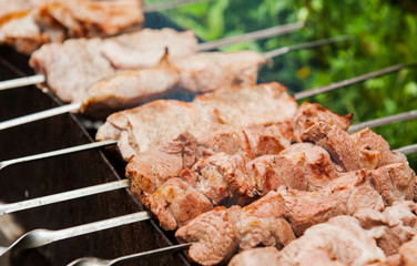 Fresh meat on a steel skewer in a smoke at brazier