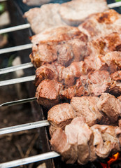 slices of meat prepare on fire with smoke