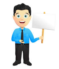 Friendly Clerk Holding A Sign