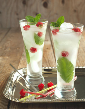Glass of soda water with mint and raspberry