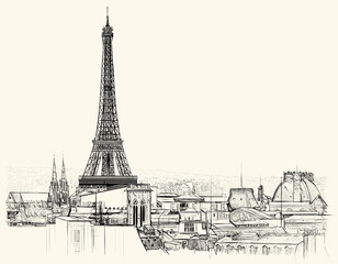 Eiffeltoren over daken van Parijs