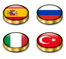 Spain, Russia, Italy, Turkey flags 3D buttons