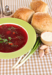 Delicious borsch on table close-up