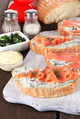 Fish sandwiches and cup of tea on cutting board on wooden table