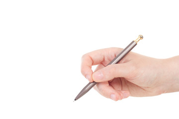Caucasian hand with gray and golden colored pen
