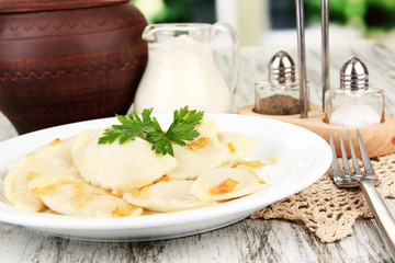 Tasty dumplings with fried onion