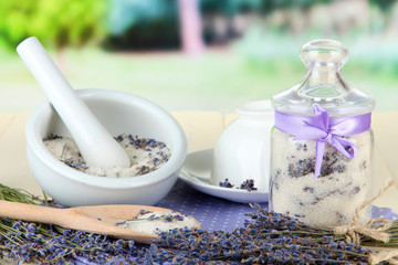 Still life with jar of lavender sugar, mortar and fresh