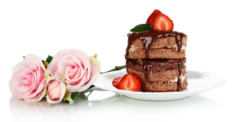 Chocolate cake with strawberry isolated on white