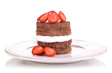 Chocolate cake with strawberry isolated on white