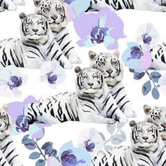a pair of white tigers and flowers