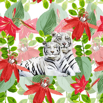 a pair of white tigers and flowers