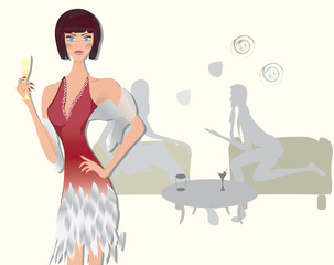 Woman in Beautiful Dress with Champagne at a Party