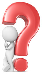 Questions.The Dude leaning against red question mark.