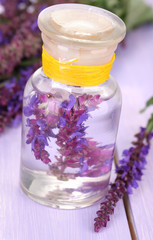 Medicine bottle with salvia flowers on purple wooden background