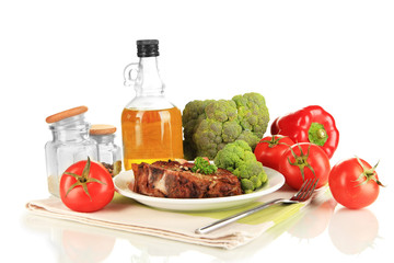Piece of fried meat on plate isolated on white