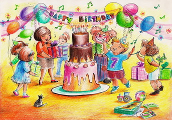 Birthday party-children playing around big birthday cake.