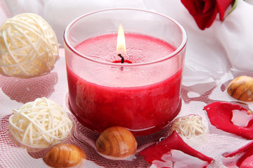 Beautiful red candle with flower petals in water
