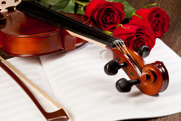 Fototapeta na wymiar Czerwone róże i skrzypce