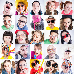 collage of funny people faces looking silly - fish eyed shots