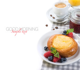Russian cottage cheese cake and coffee and fresh berries
