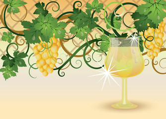 The glass of white wine and grapes, vector