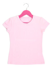 Pink t-shirt on hanger isolated on white