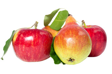 ripe apples and pears with leafs