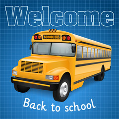 School bus on blue checkered background