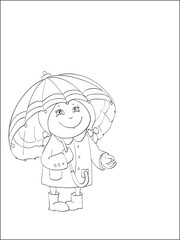 contour of little girl with big umbrella on isolated white